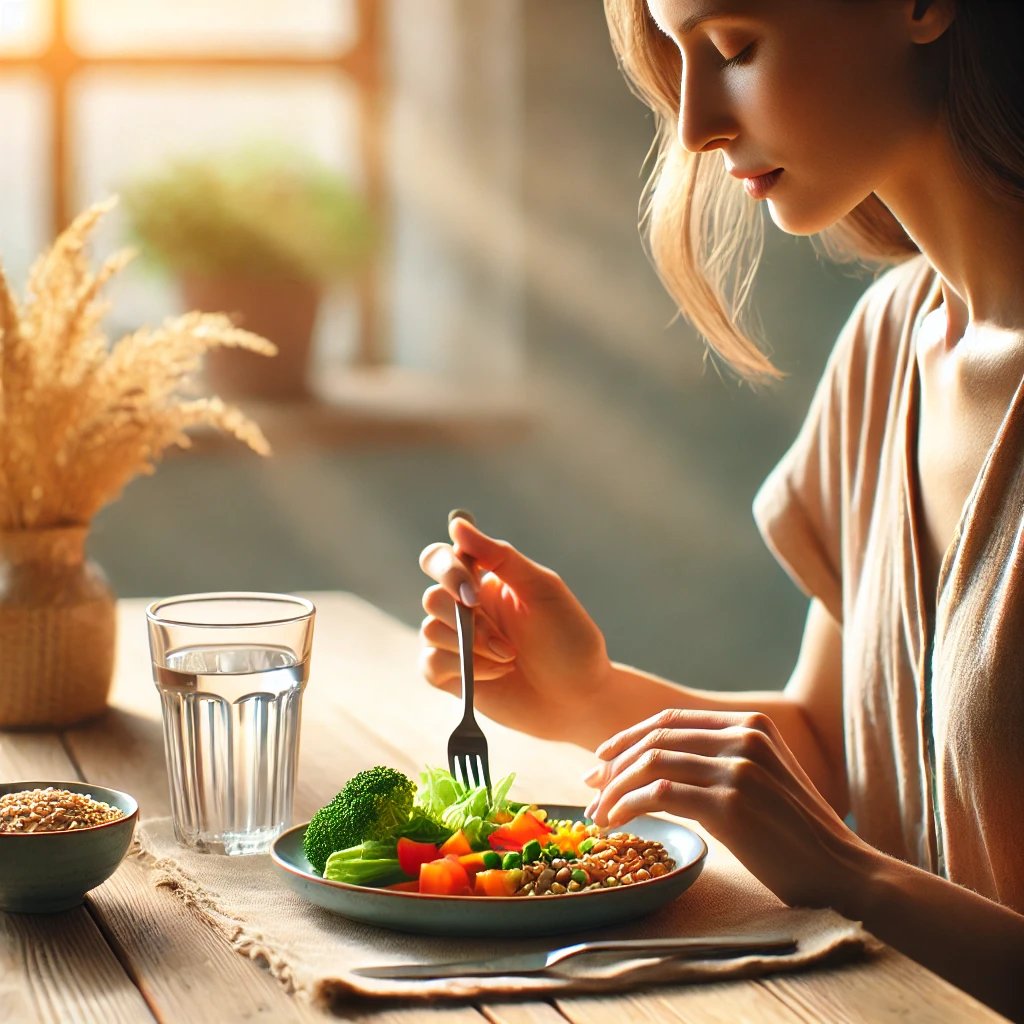 Lady mindfully eating her salad
